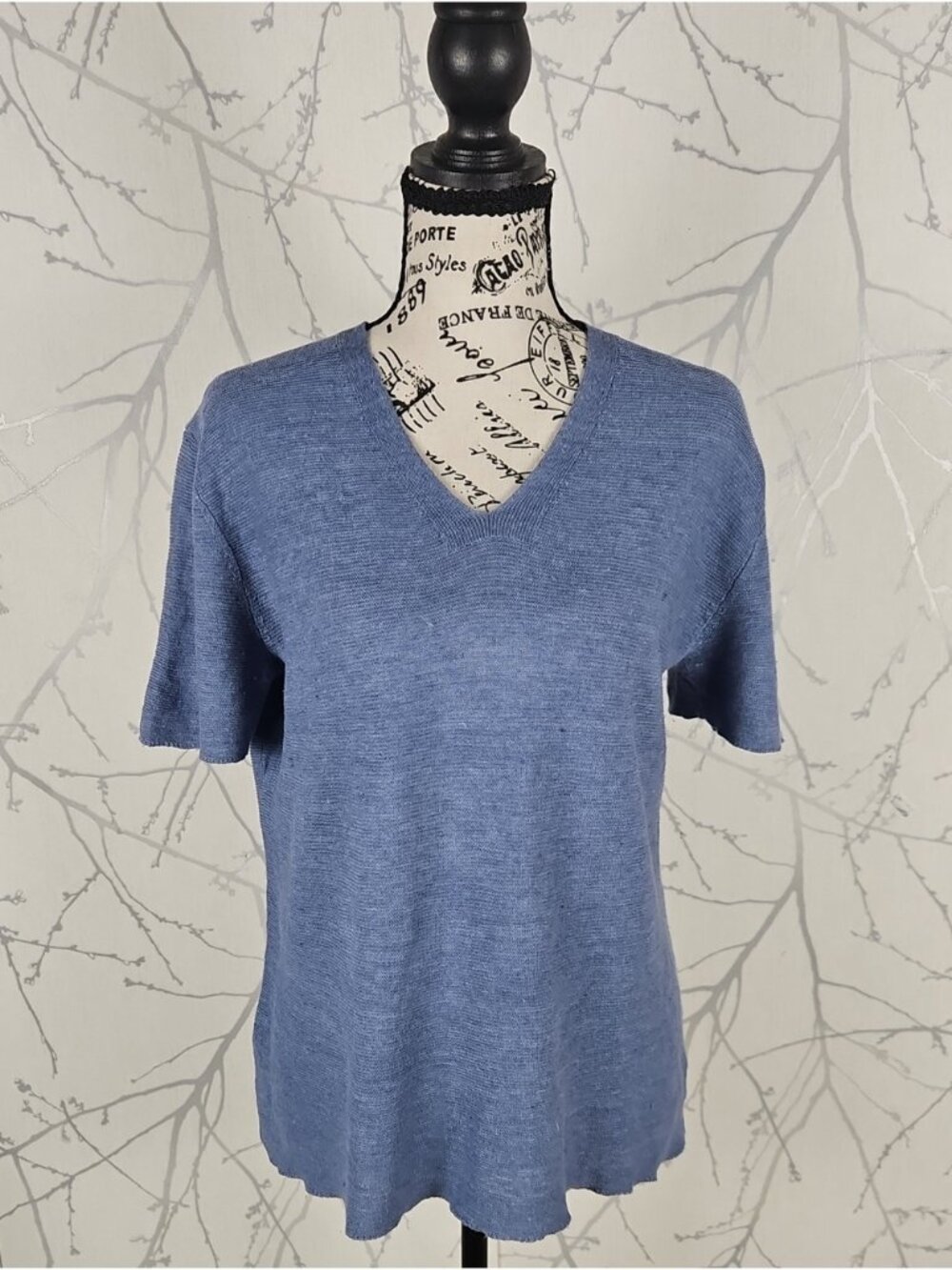 Eileen Fisher Blue 100% Organic Linen Knit V-Neck Tee